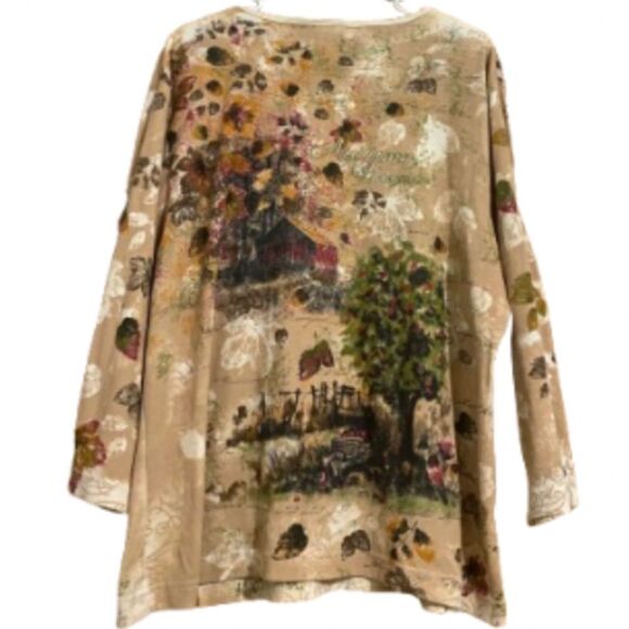WOMEN’s MULTI NATURE PAINTING AUTUMN LANDSCAPE INSPIRED PRINT SHIRT Size-2X - Picture 6 of 6